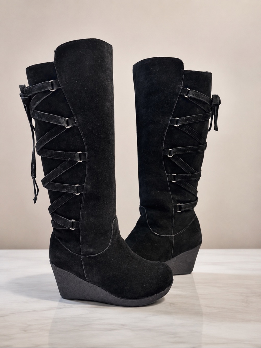 BearPaw Suede‎ Leather Tall Wedge Lace Up Boots Pull On Sz 10